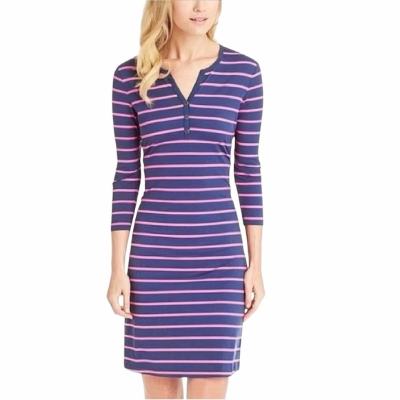 J Mclaughlin Dresses & Skirts - J. McLaughlin ‘Lynn’ Henley Dress in Navy Blue & Pink Stripe with Button Bust S